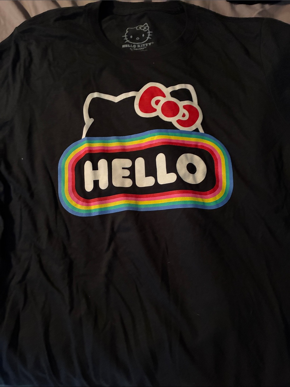 SANRIO Hello Kitty Black Tee with Rainbow 'HELLO' and Red Bow NEW